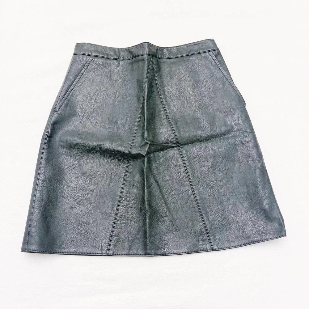 Zara A Line Short Faux Leather Skirt Dk Green SZ XS